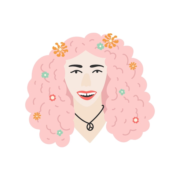 Портрет счастливой улыбающейся женщины с розовыми волосами и цветами в ней векторный рисунок изолирован на белом