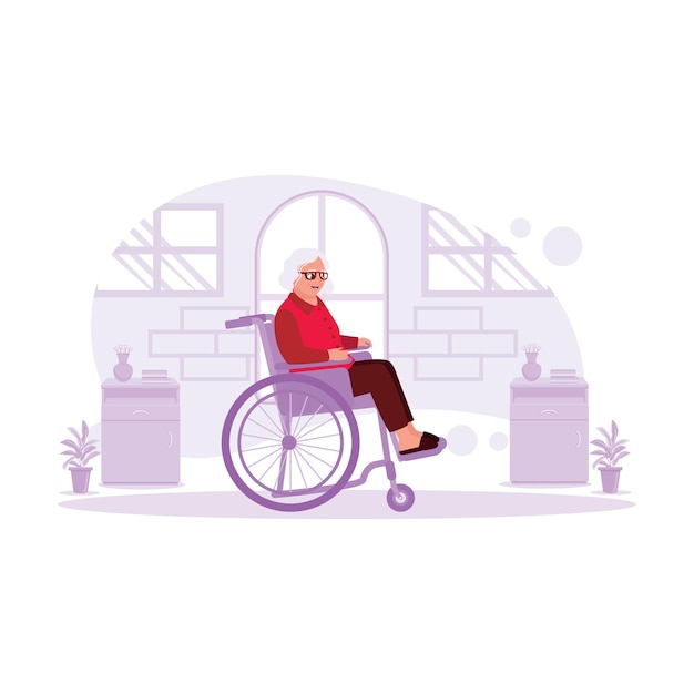 Vector portrait of an older woman sitting in a wheelchair in a house happily trend modern vector