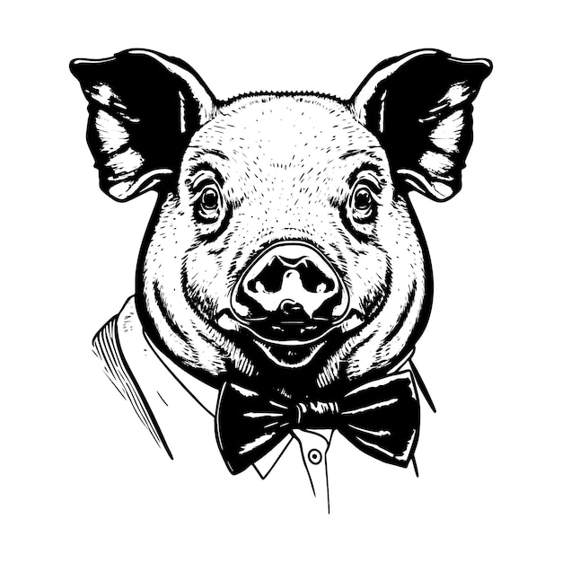 Portrait of a pig with a bow