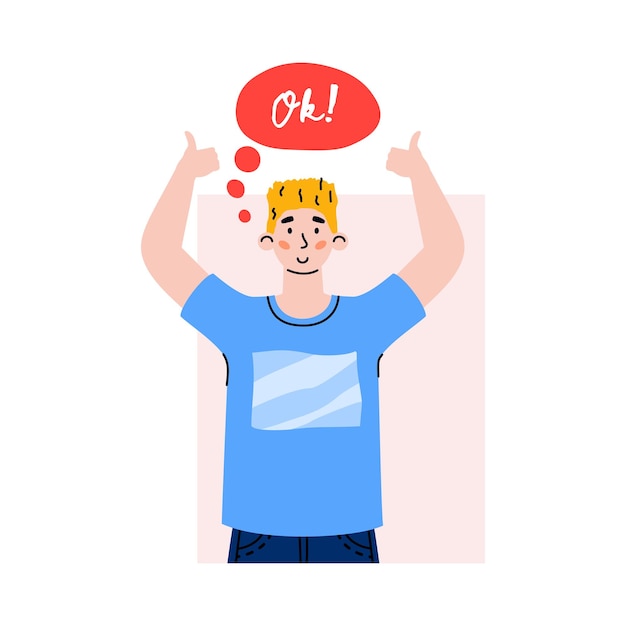 Portrait of positive male character with up hands speech bubble and gesture ok