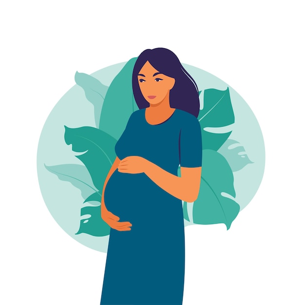 Donna incinta del ritratto in vestito sul fondo della pianta. salute, cura, gravidanza. illustrazione vettoriale. appartamento