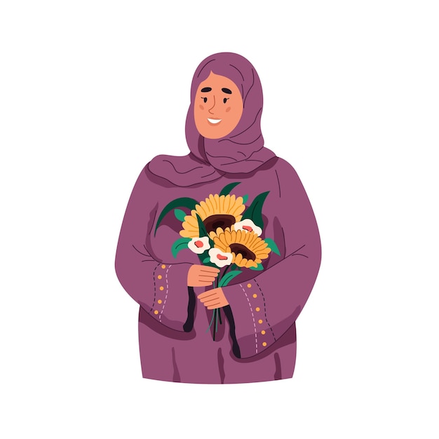 Portrait of pretty muslim woman wearing purple hijab and holding bouquet of flowers. vector