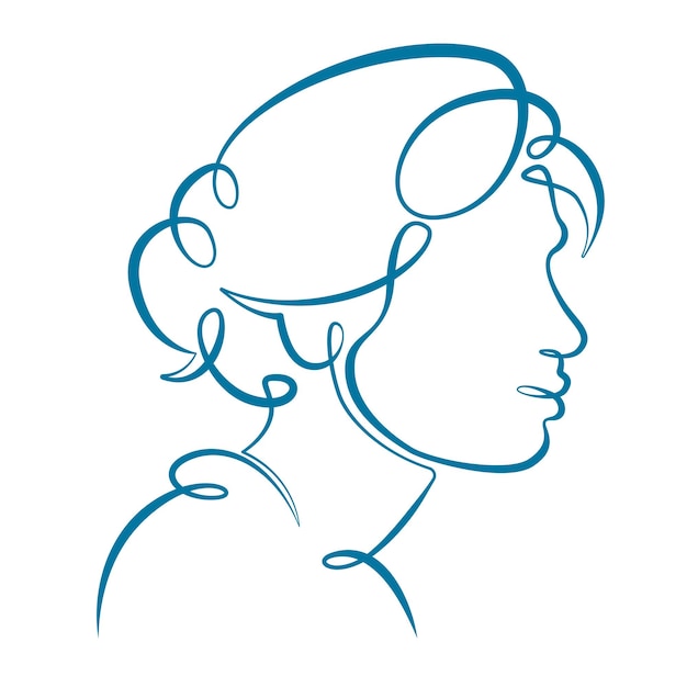 Portrait profile silhouette of a female head young woman girl with beautiful hairstyle One line continuous thick bold single drawn art doodle isolated hand drawn outline logo illustration