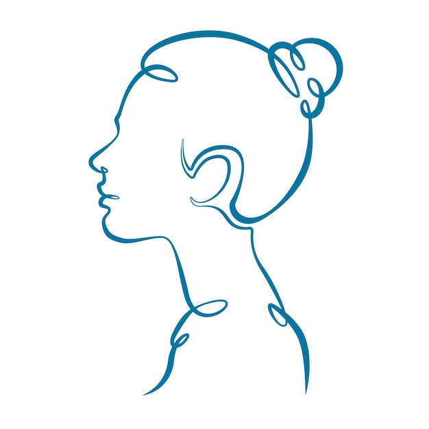 Портретный профиль силуэт женской головы молодой женщины девушки с красивой прической одна линия непрерывный толстый жирный одиночный нарисованный художественный рисунок изолированный нарисованный вручную контур иллюстрации логотипа