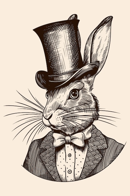 Portrait of a rabbit hare in a suit with a bow tie and a top hat on his head