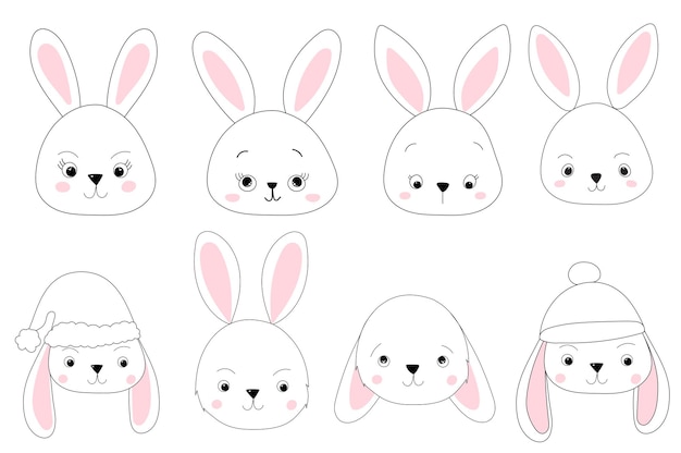 Portrait rabbit set sketch outline icon isolated vector