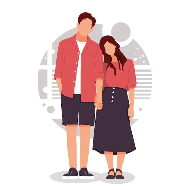 portrait of romantic couple posing in stylish outfits, for valentine's day. flat design concept.  illustration