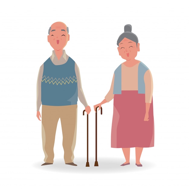 Portrait of senior couple with a walking cane smiling isolated on white background.