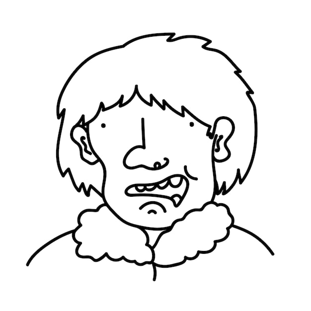 Portrait of a shaggy human with big nose and open mouth. Caricature avatar of a person in fur coat