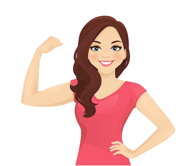 Vector portrait of smiling beautiful woman with curly hairstyle showing bicep on her arm isolated vector