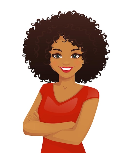 Vector portrait of smiling woman with arms crossed and afro hairstyle isolated vector illustration