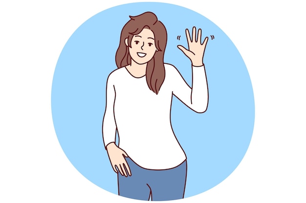 Portrait of smiling young woman wave with hand feeling overjoyed and optimistic