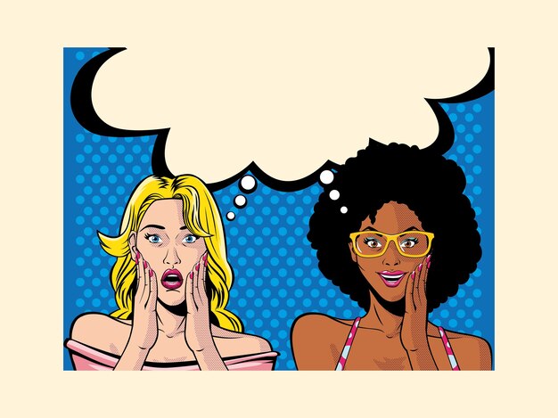 Portrait of surprised women with speech bubble, pop art style illustration design