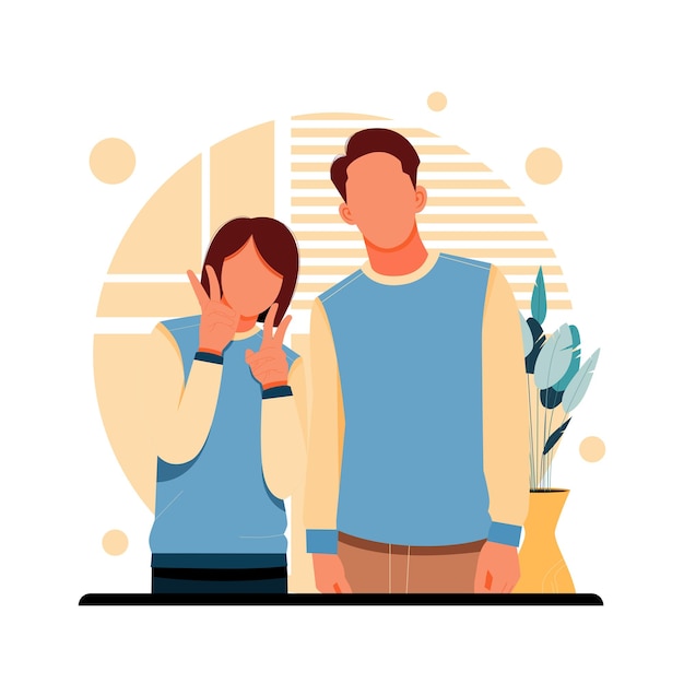 Vector portrait of sweet couple character, flat.