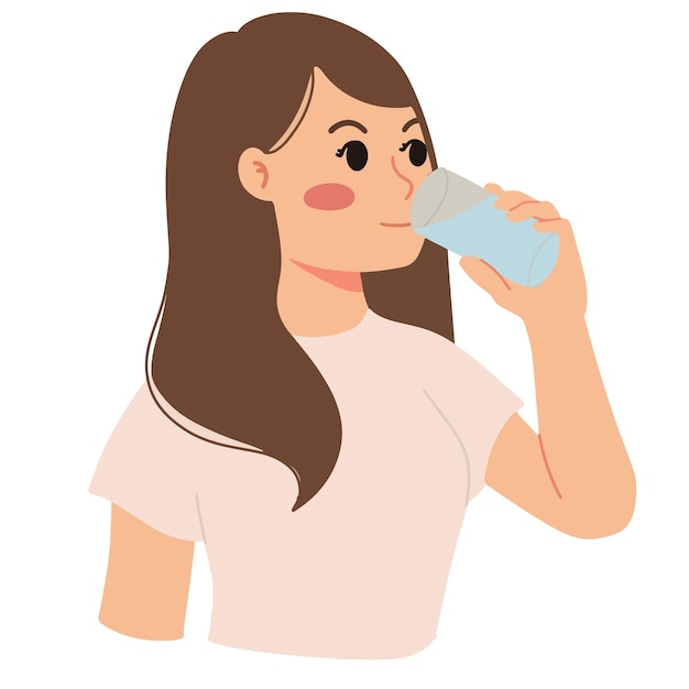 ガラスのイラストで水を飲む喉が渇いた女性の肖像画