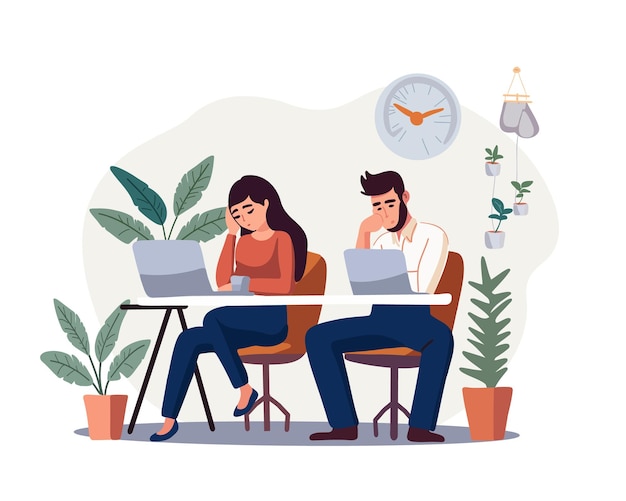 Vector portrait of a tired team of office workers sitting at a table