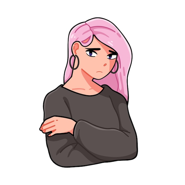 Vector portrait of upset anime teen girl vector illustration in manga style. unhappy japanese female teenager with pensive face expression isolated. wistful kawaii adolescent person with crossed hands.