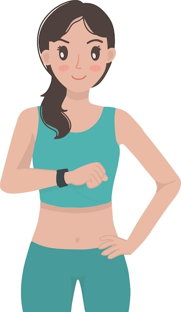 Portrait of vector girl woman sporty doing exercise looking smart watch illustration