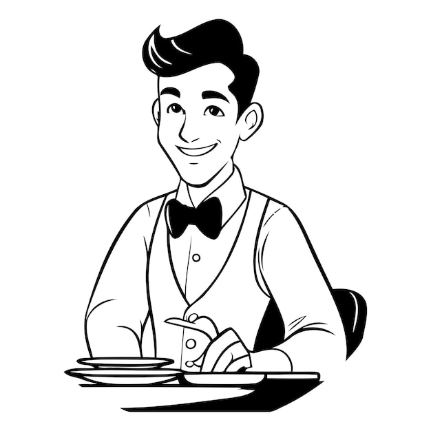 Vector portrait of a waiter in a cafe vector illustration in cartoon style