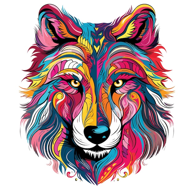벡터 팝 아트 스타일의 늑대 초상화입니다. 야생 동물 예술 그림입니다. 티셔츠, 스티커 등의 템플릿