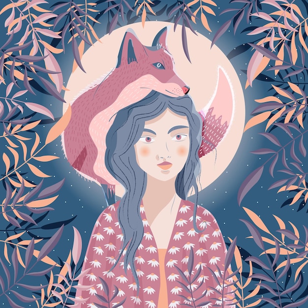 Portrait of a woman and a fox on her shoulder night scene with moon and stars wild animal and girl