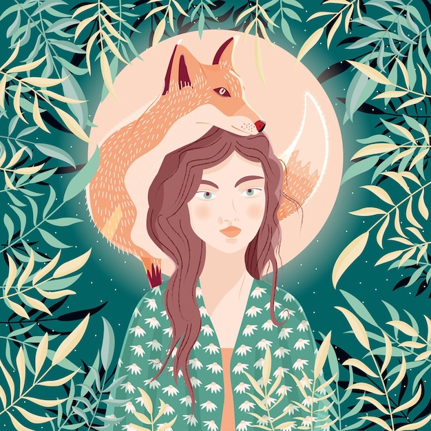 Vector portrait of a woman and a fox on her shoulder night scene with moon and stars