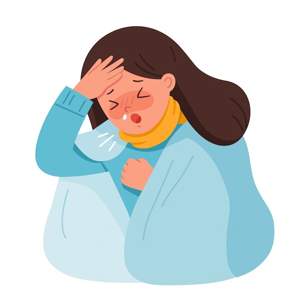 Vector portrait of woman get sick. she is coughing and suffering from chest pain. coronavirus 2019-ncov flu.health and medical. illustration.