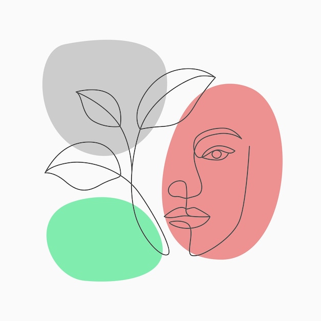 Portrait of woman and leaves in minimal line art style.