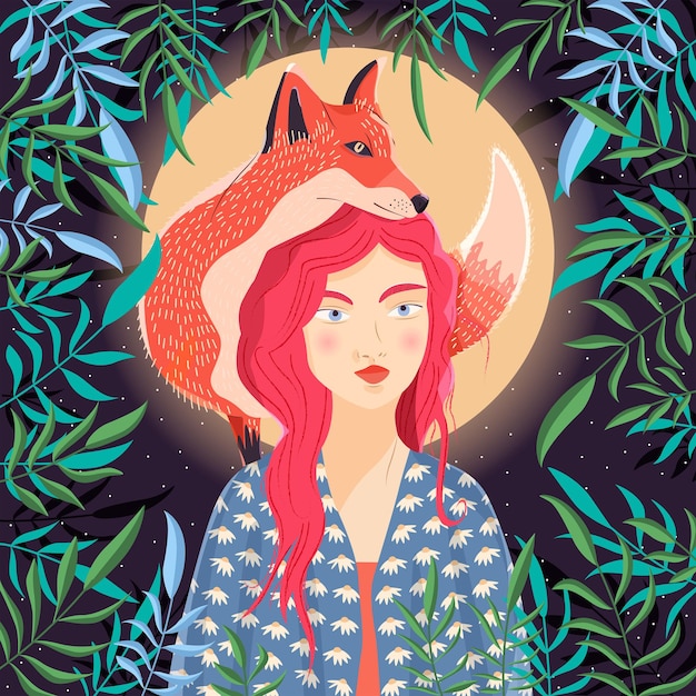 Vector portrait of a woman and a red fox on her shoulder night scene with moon and stars