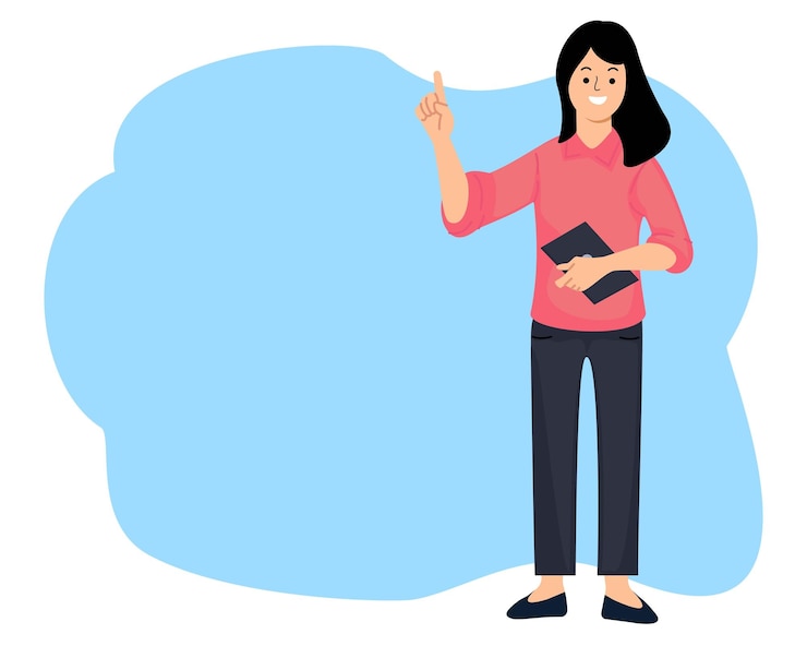 Vector portrait woman standing hold tablet or smartphone with pose pointing finger up
