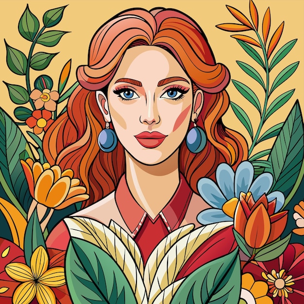 Vector a portrait of a woman with flowers and leaves