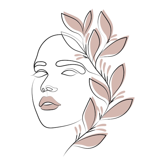 Portrait of a woman with flowers, line art. Contour illustration with the addition of colored spots.