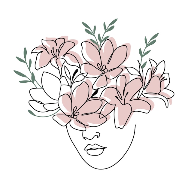 Vector portrait of a woman with flowers, line art. contour illustration with the addition of colored spots.