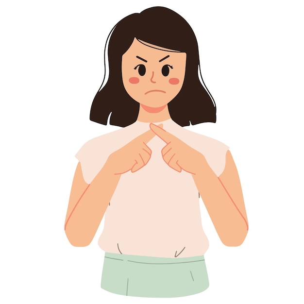 Vector a portrait of woman with no gesture decline crossing fingers and angry face illustration