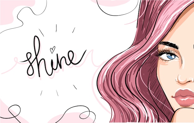 Vector portrait of woman with pink hair and shine lettering