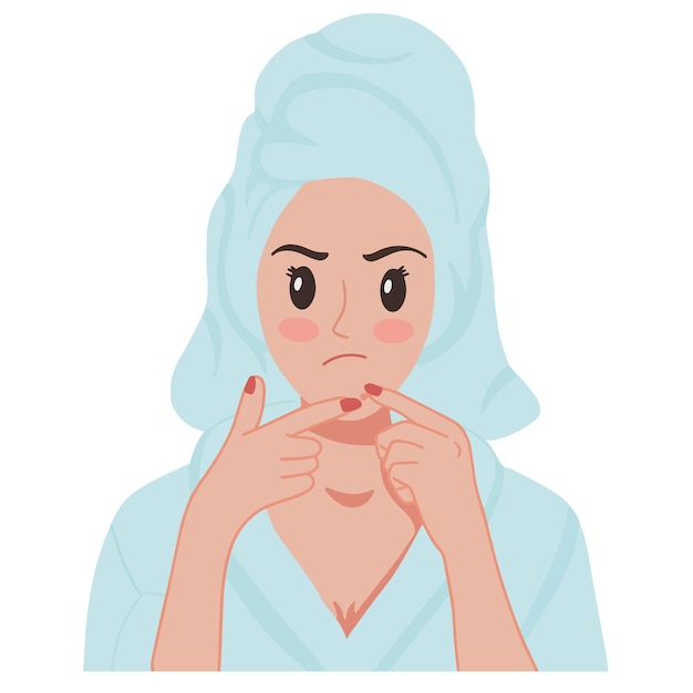 Portrait a woman with towel on her hand popping pimples acne skin illustration