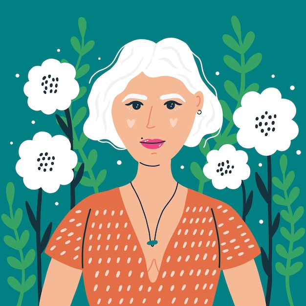 Vector portrait woman with white hair on a botanical background