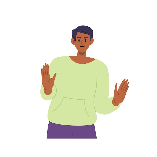 Vector portrait of worried shocked man cartoon character gesturing stop showing forbidden sign saying no