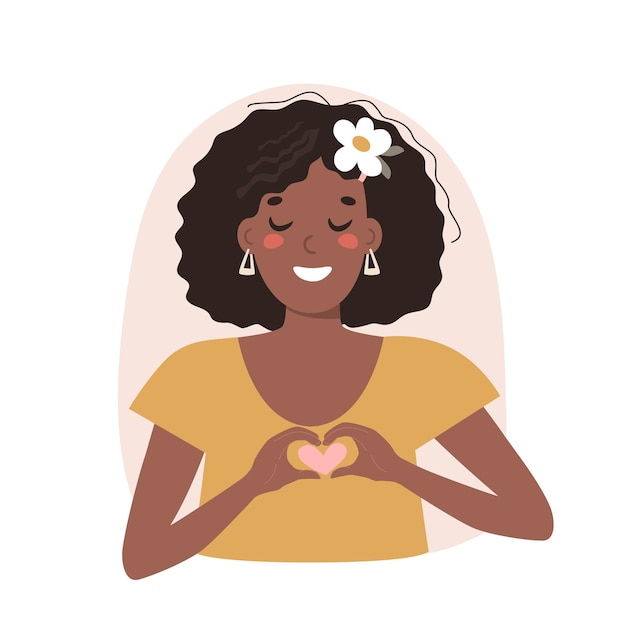 Портрет молодой афроамериканской молодой женщины, показывающей векторную плоскую иллюстрацию жестов сердца