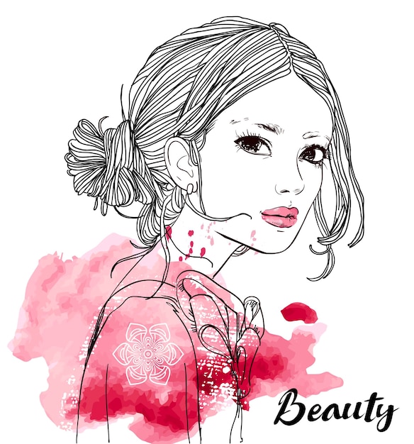 Portrait of young beautiful woman - black and white vector illustration with watercolor