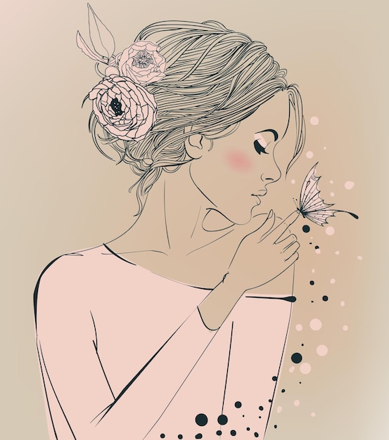 Vector portrait of young beautiful woman with flowers