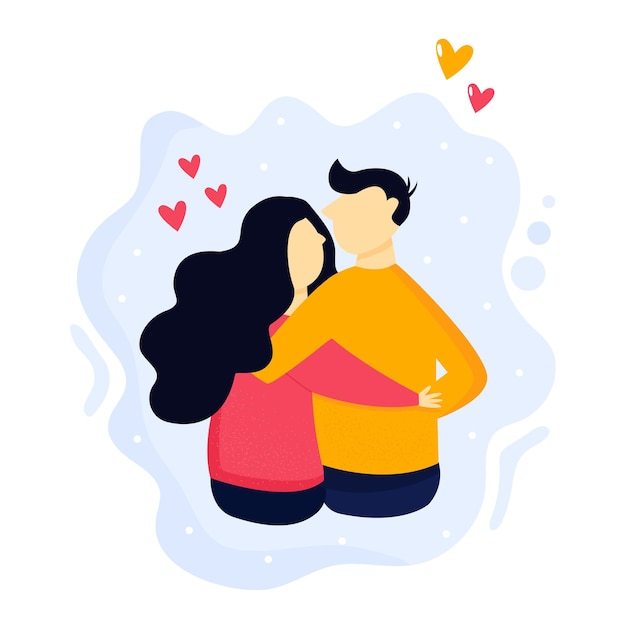 Portrait of young couple in love. Hugging people. Colorful flat vector illustration