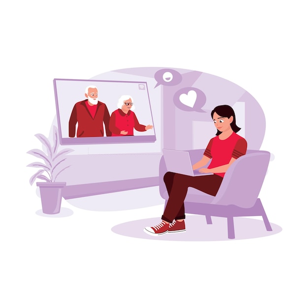 Vector portrait of a young girl sitting on the couch making video calls with her grandparents on her laptop