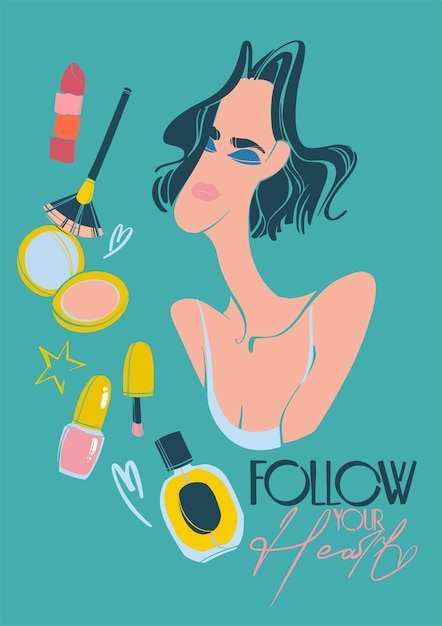 Vector portrait of a young girl with cosmetics fashion poster the concept of female beauty beautiful makeup