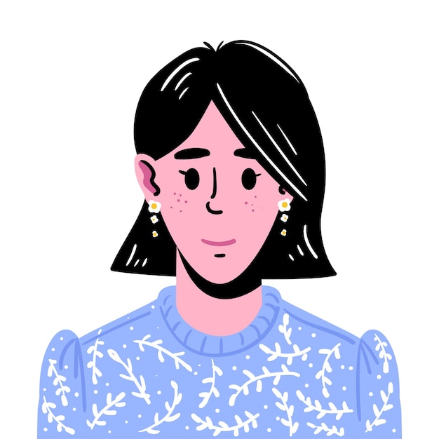 Vector portrait of a young girl with medium long dark hair avatar of a smiling girl in a blue sweater