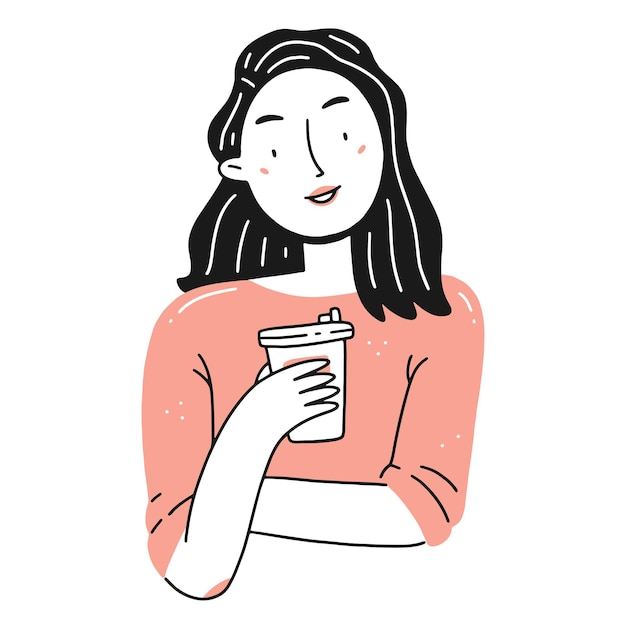 Portrait of a young happy girl with a cup of coffee in a simple linear doodle style