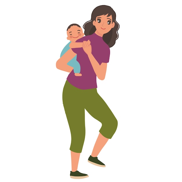 Portrait young happy woman with her baby is carried on the back illustration