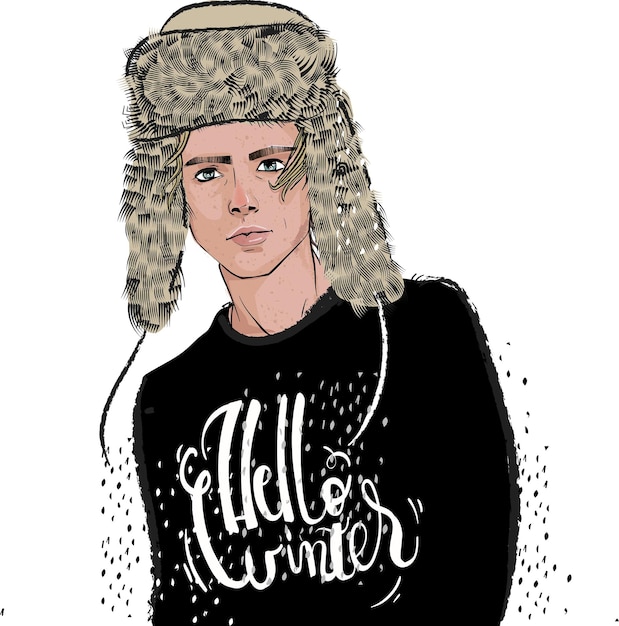 Vector portrait of young men with fur hat