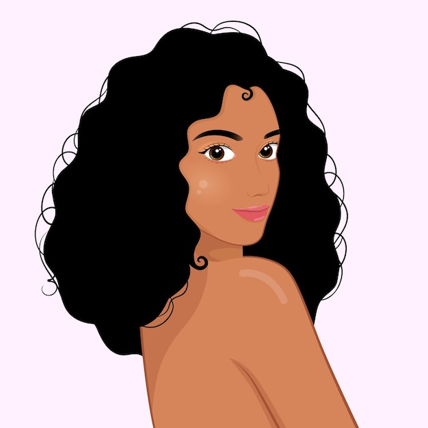 Vector portrait of young pretty african woman with dark curly hair skincare nature beauty make up concept