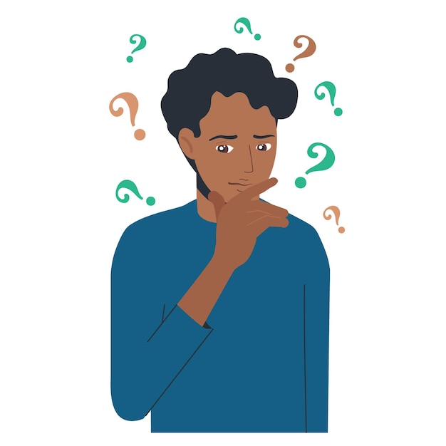 Vector portrait of young troubled black man. boy with question mark in think bubble. people thinking or solving problem. dilemma.